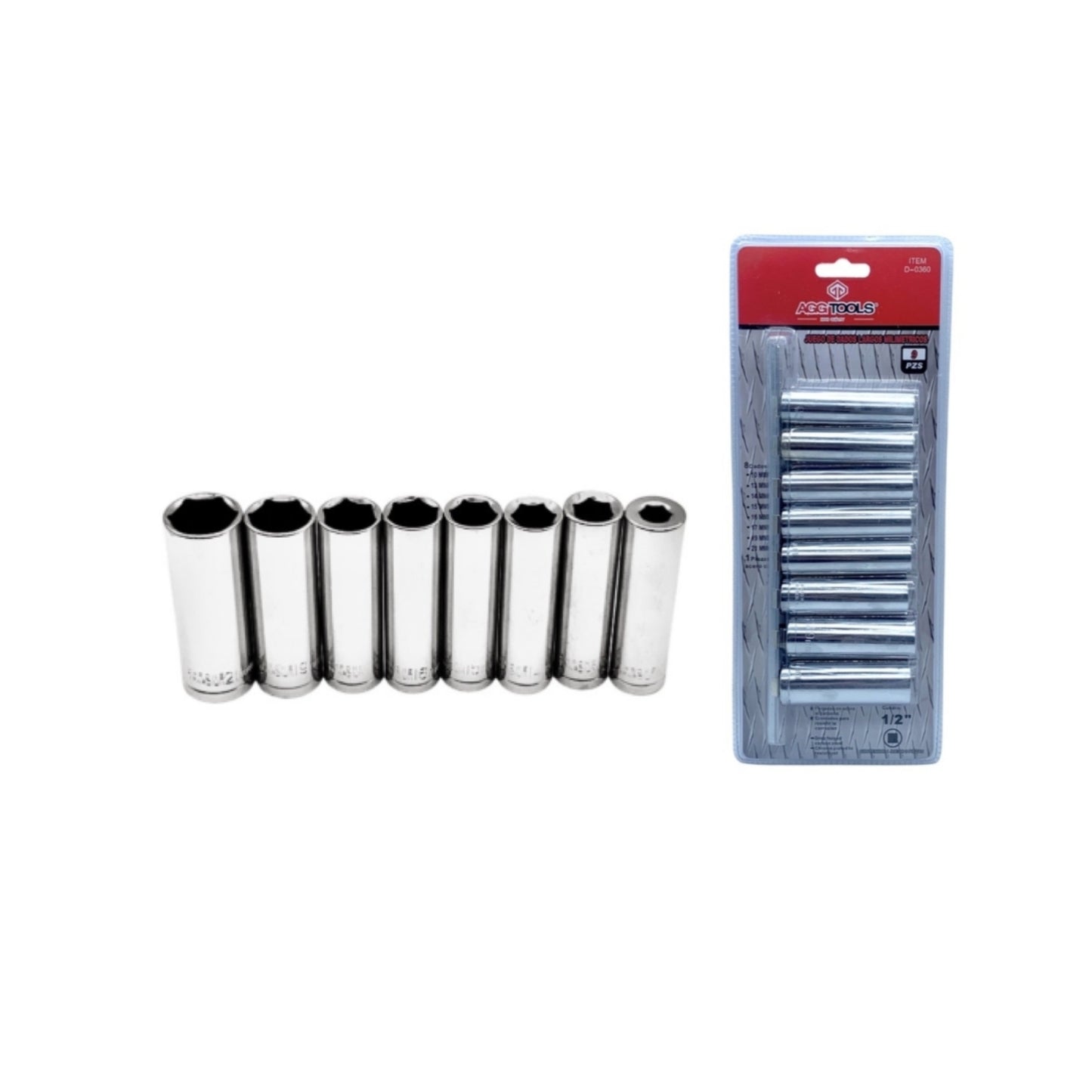 D0360 DADOS 1/2 PULGADAS L 8 PIEZAS STRD MM CROMADO CON 1 PZ O CAJA CON 6 PZS