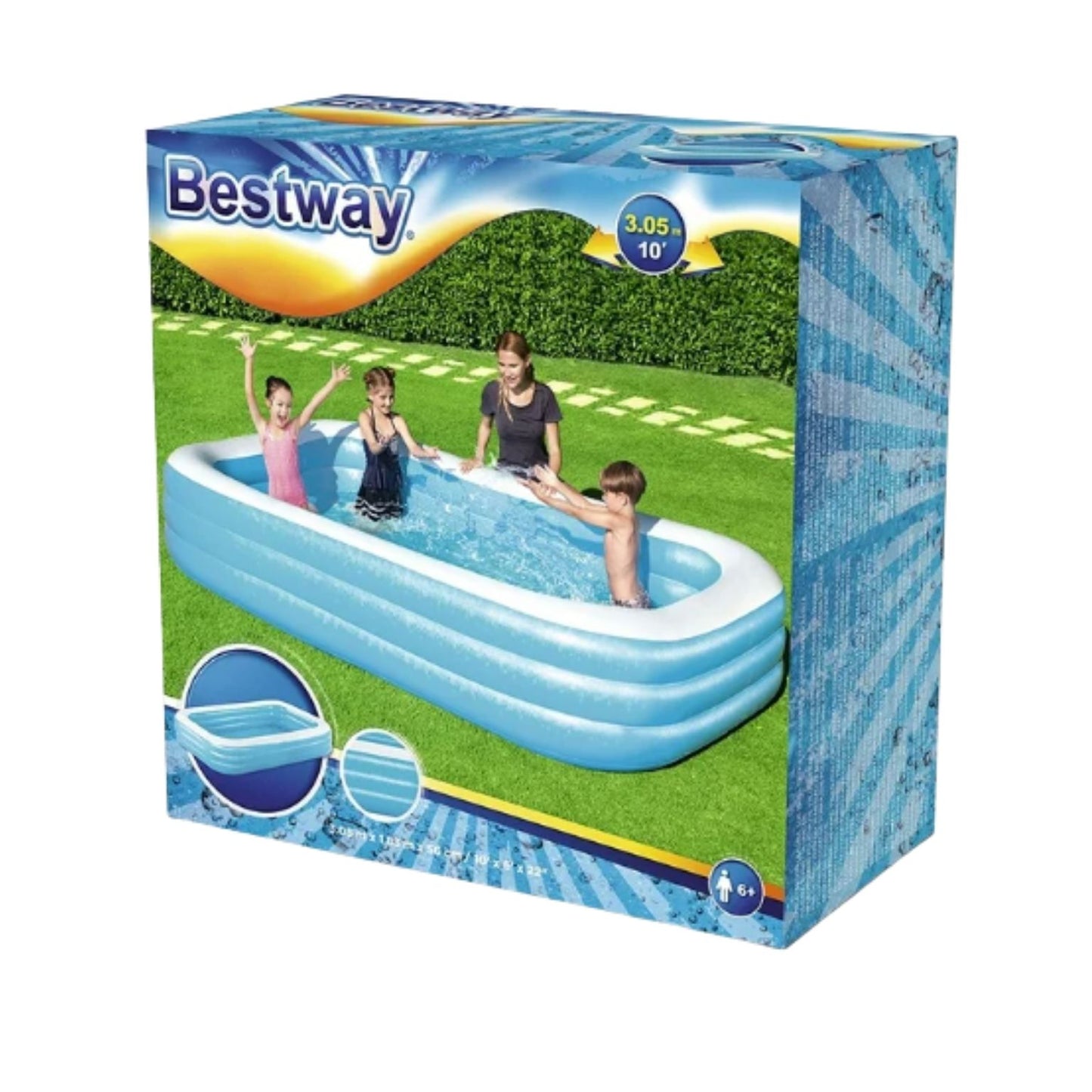 54009 ALBERCA INFLABLE RECTANGULAR 3.05x1.83x.56 CM 3 ANILLOS AZUL CON BLANCO CON 1 PZ O CAJA CON 2 PZS