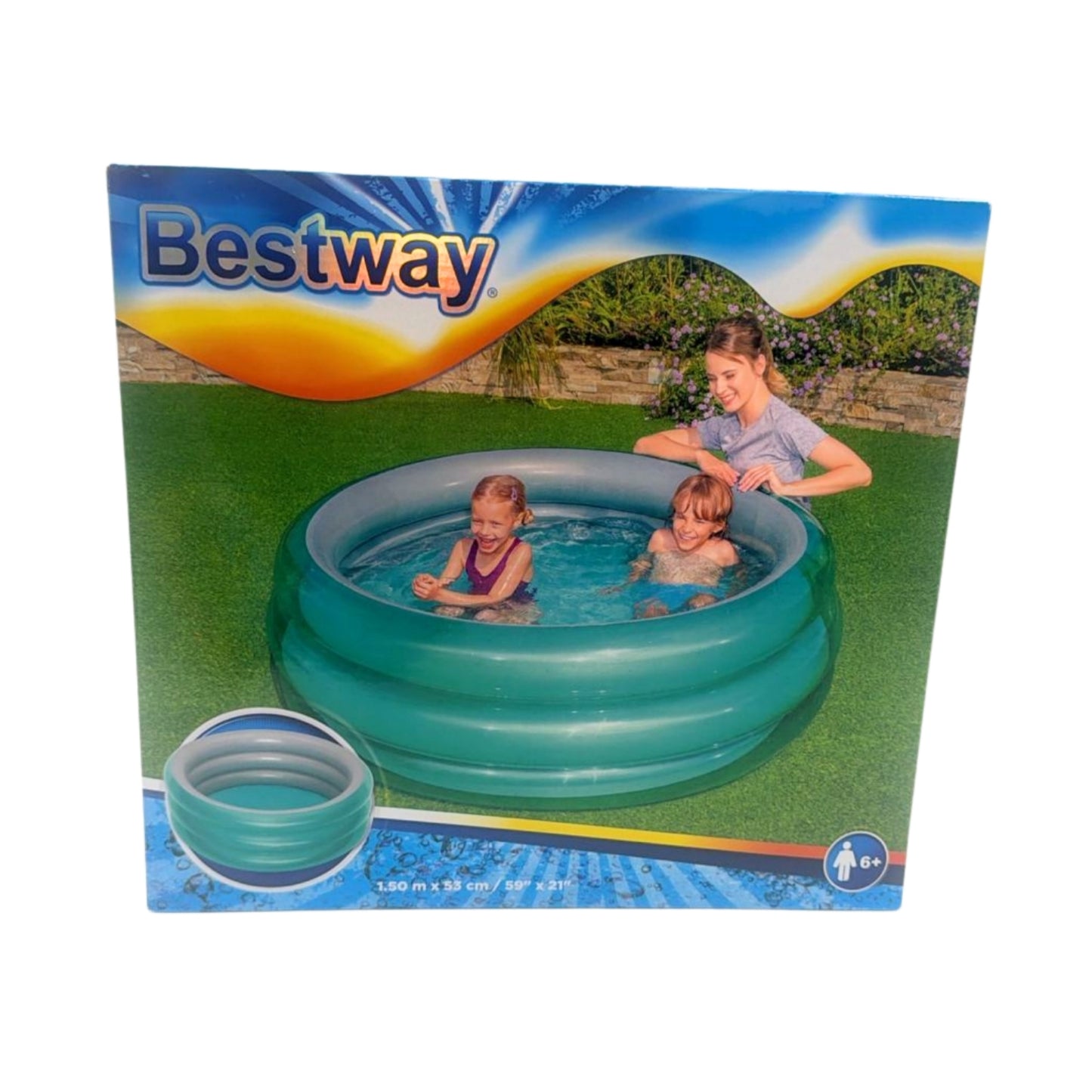 51041 ALBERCA INFLABLE REDONDA 1.50x.53 CM 3 ANILLOS LISA AQUA CON 1 PZ O CAJA CON 6 PZS