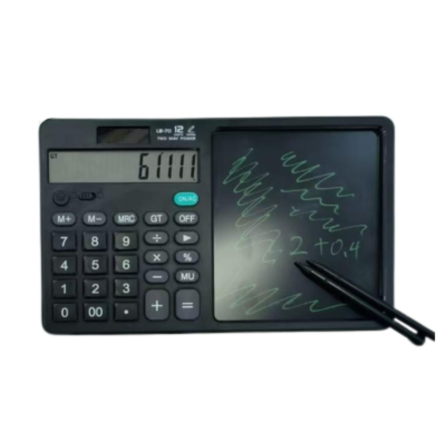 HFY-13342 CALCULADORA CON 2 PLUMAS Y PANTALLA 25x16 CM CON 1 PZ O CAJA CON 80 PZS