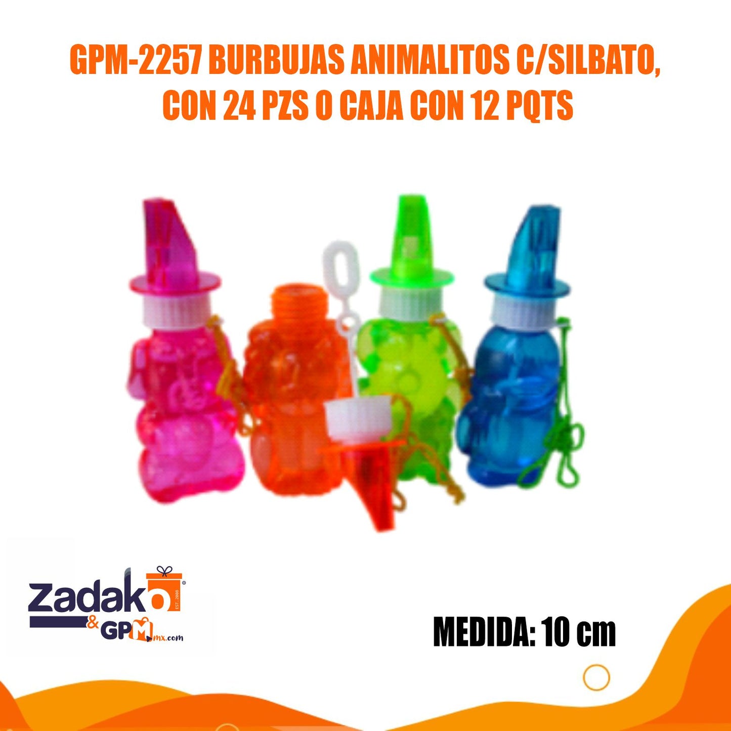 GPM-2257 BURBUJAS ANIMALITOS C/SILBATO, CON 24 PZS O CAJA CON 12 PQTS