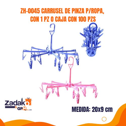 ZH-0045 CARRUSEL DE PINZA PARA ROPA, CON 1 PZ O CAJA CON 100 PZS