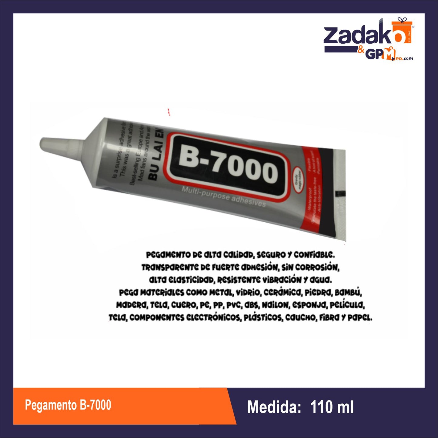 HFY-10536 PEGAMENTO B-7000 ADHESIVO DE CONTACTO TRANSPARENTE RESISTENTE A LAS VIBRACIÓN DE AGUA 110 ML, CON 1 PZS O CAJA CON 120 PZS
