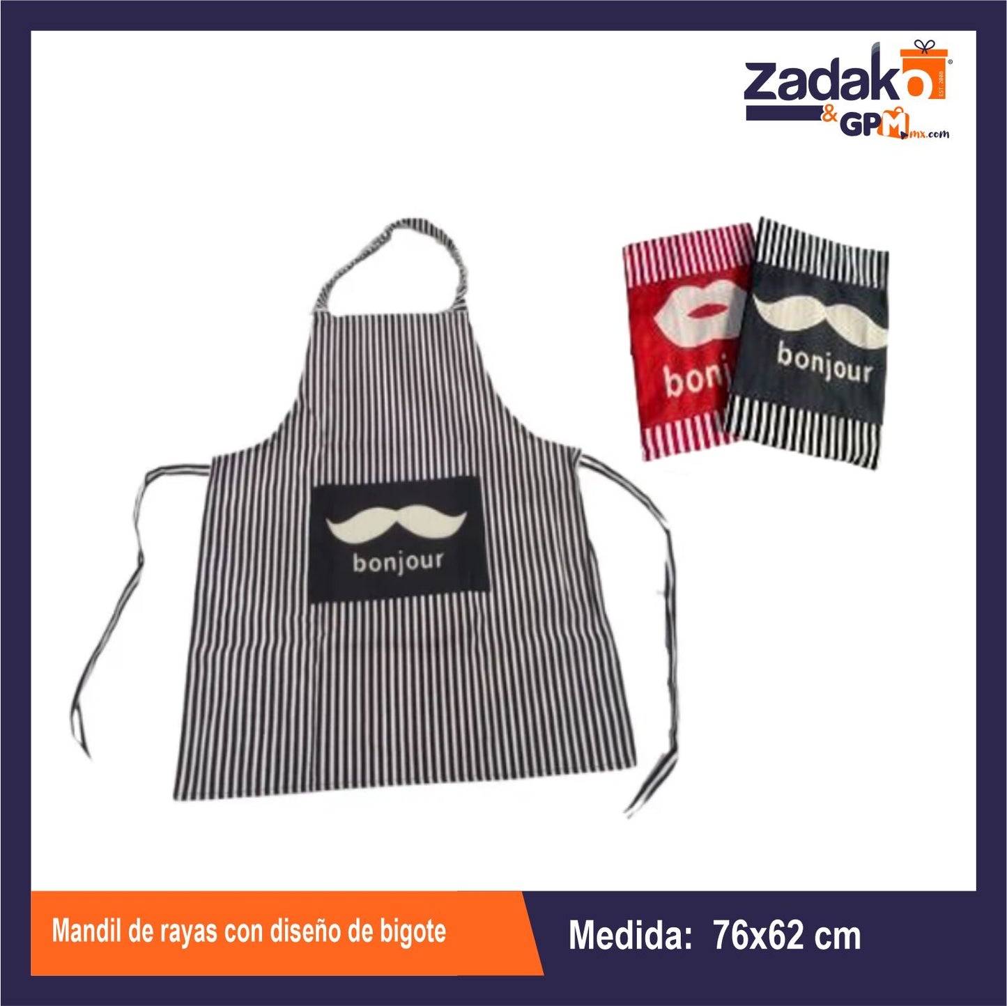 N-GPM-3879 ZH-0371 MANDIL DE RAYAS CON DISEÑO DE BIGOTE CON 1 PZ O CAJA CON 200 PZS