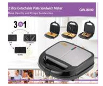 ZF-2562 WAFLERA,SANDWICHERA PARRILL 3 EN 1 ELECTRICA CON 1 PZ O CAJA CON 8 PZS