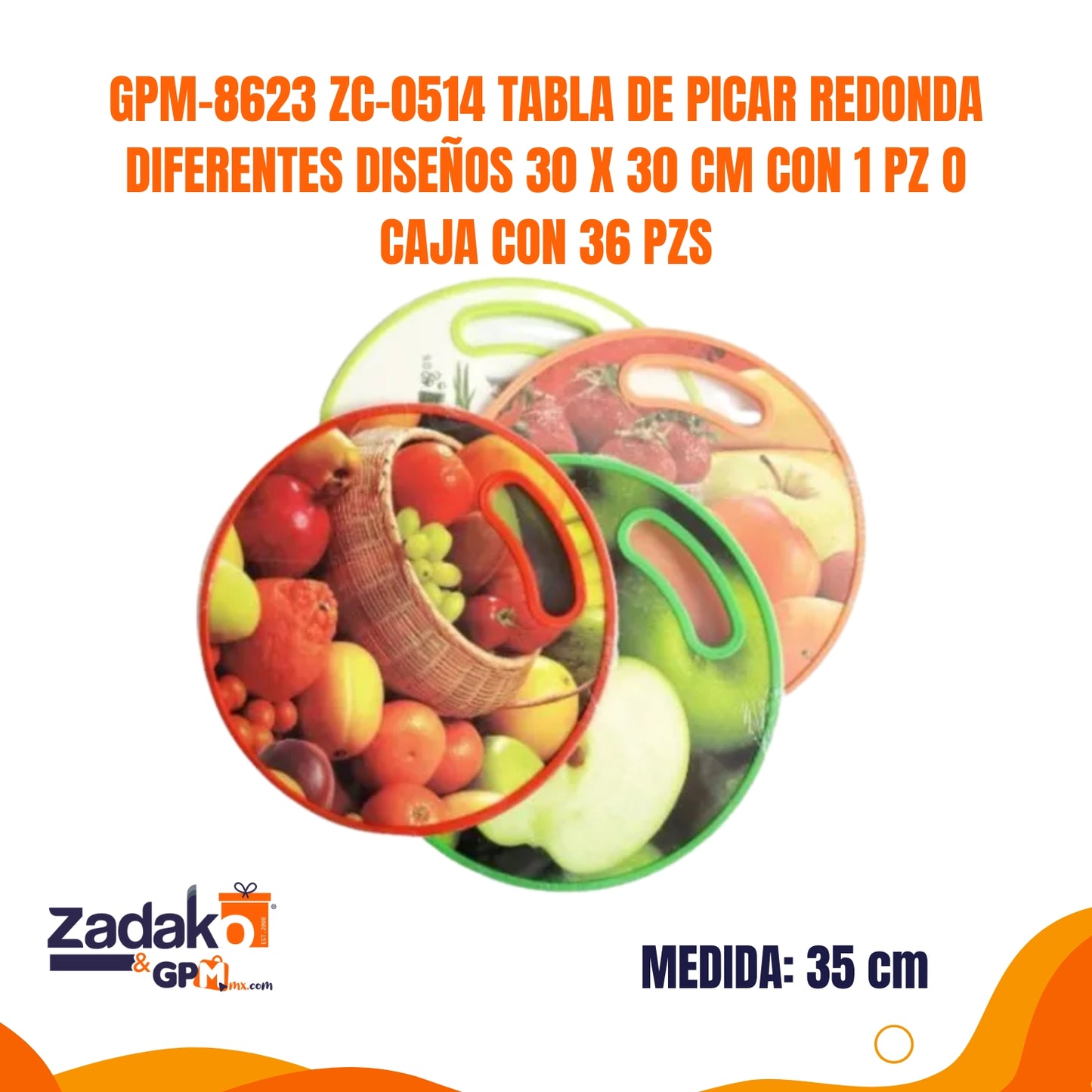 GPM-8623 ZC-0514 TABLA DE PICAR REDONDA DIFERENTES DISEÑOS 30 X 30 CM CON 1 PZ O CAJA CON 36 PZS