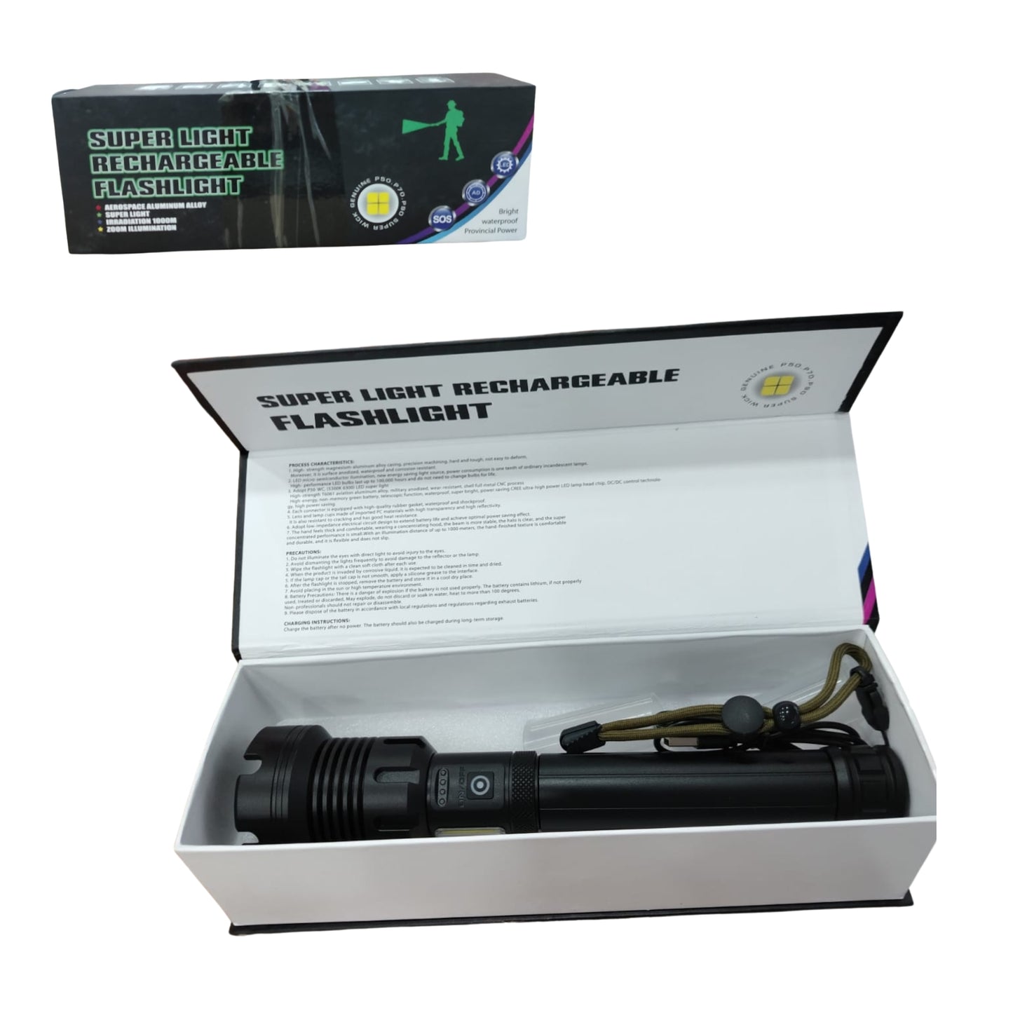 GPM-8667 LAMPARA TACTICA RECARGABLE USB LED, LINTERNA ULTRA POTENTE CON CLABE USB 6 X 28.8 CM CON 1 PZ O CAJA CON 40 PZS