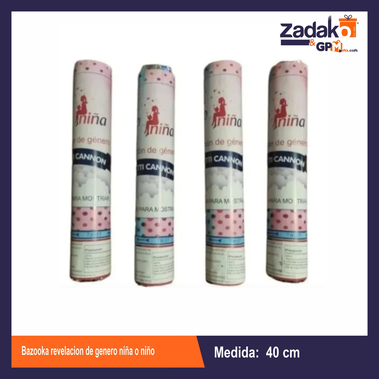 GPM-8720 BAZOOKA REVELACION DE GENERO NIÑA O NIÑO CON 1 PZ O CAJA CON 100 PZS