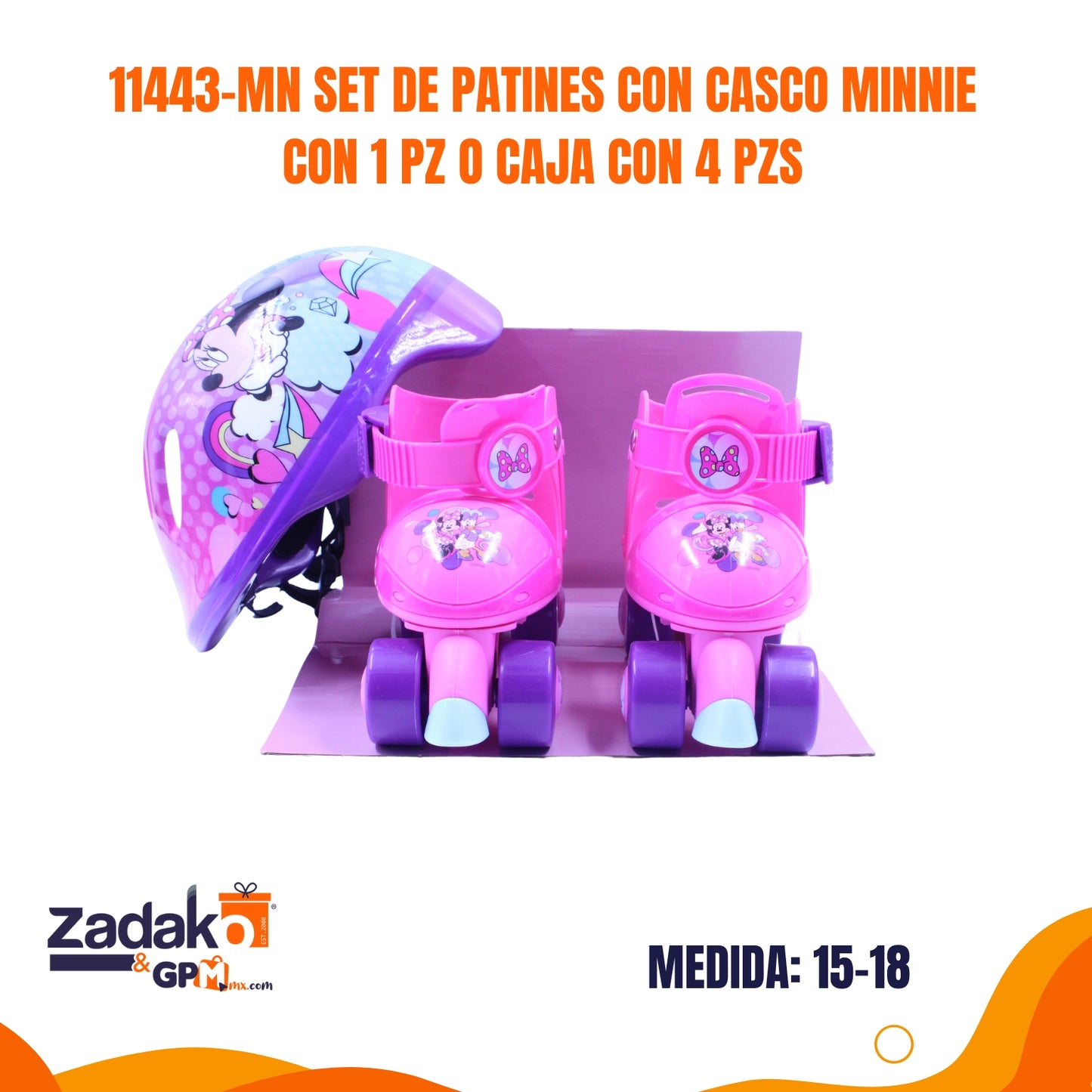 11443-MN SET DE PATINES CON CASCO MINNIE CON 1 PZ O CAJA CON 4 PZS