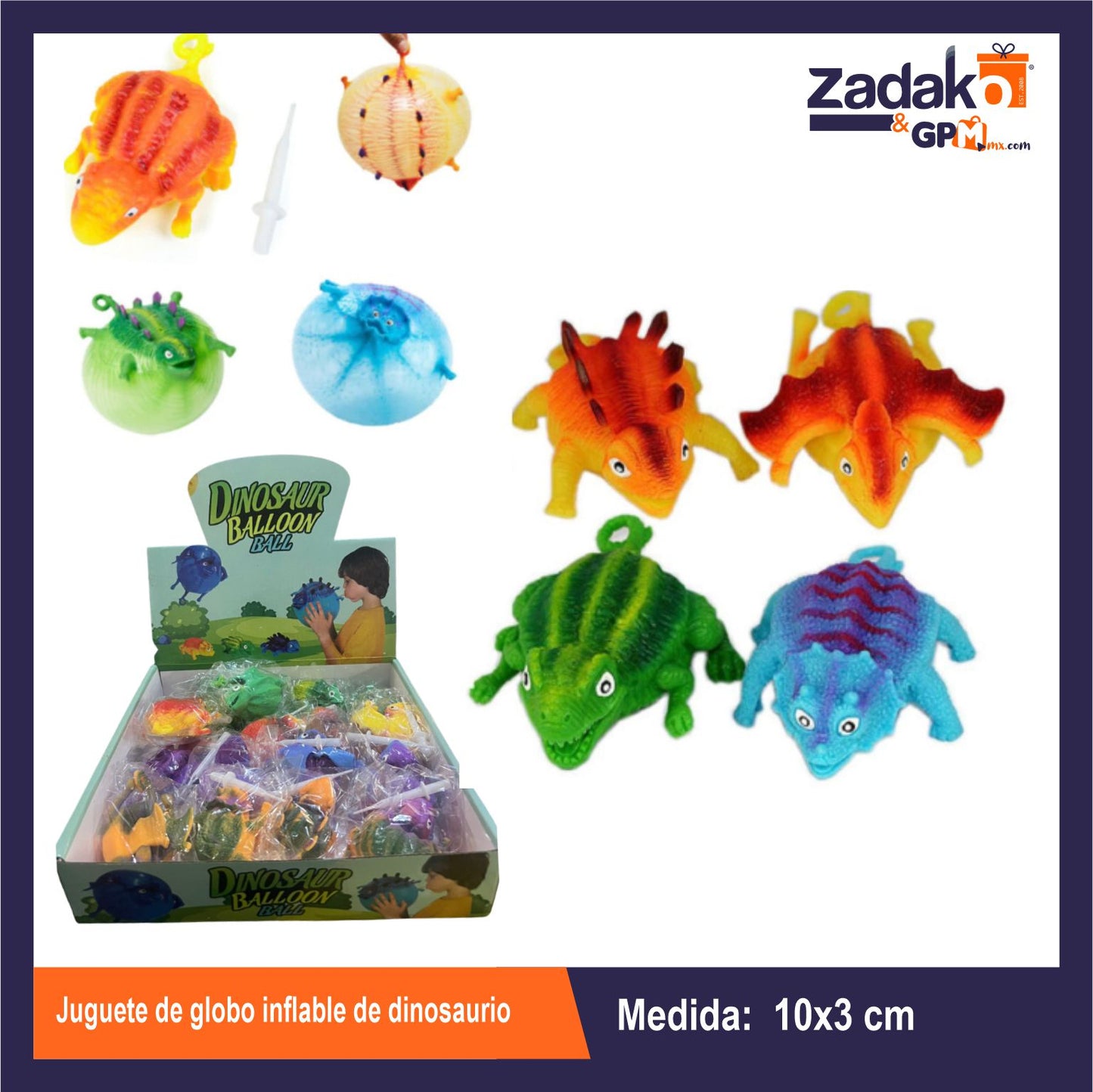 GPM-8942 JUGUETE DE GLOBO INFLABLE DE DINOSAURIO CON 16 PZS O CAJA CON 24 PQTS