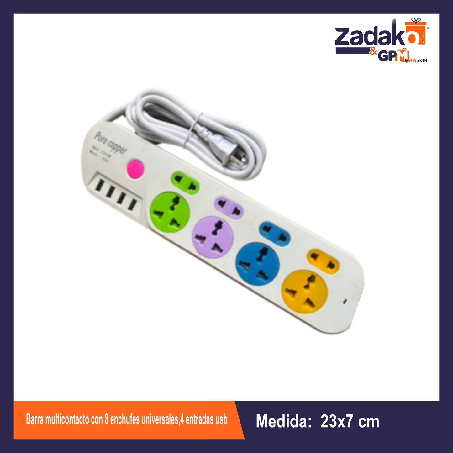 GPM-8992 BARRA MULTICONTACTO CON 8 ENCHUFES UNIVERSALES,4 ENTRADAS USB CON 1 PZ O CAJA CON 80 PZS