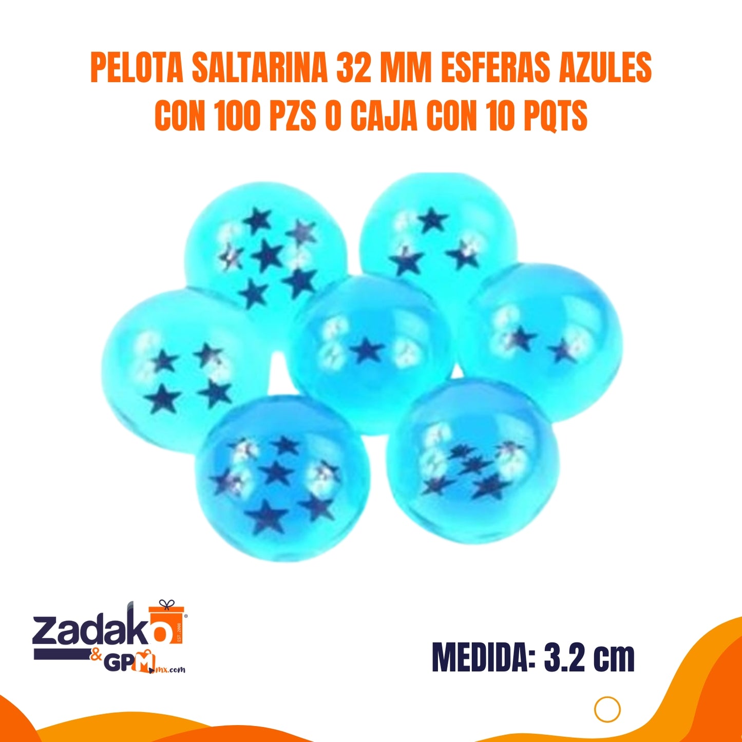 GPM-9009 PELOTA SALTARINA 32 MM ESFERAS AZULES CON 100 PZS O CAJA CON 10 PQTS