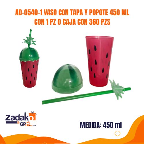 AD-0540-1 VASO CON TAPA Y POPOTE 450 ML CON 1 PZ O CAJA CON 360 PZS