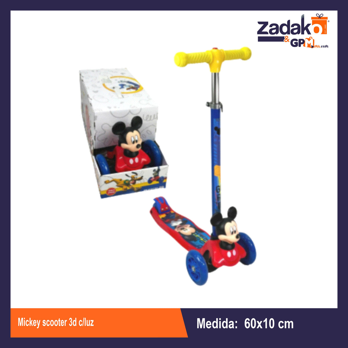 N-GPM-9737 10787 MICKEY SCOOTER 3D CON LUZ 60x9.5x10 CM CON 1 PZ O CAJA CON 4 PZS