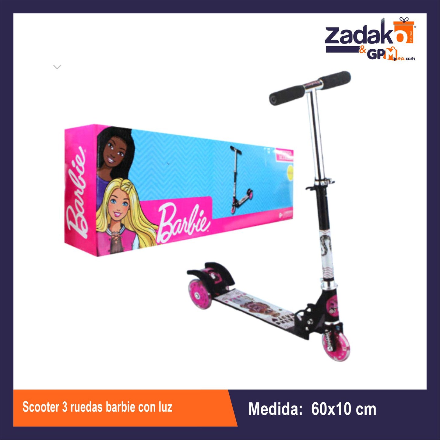 T377218 SCOOTER 3 RUEDAS BARBIE CON LUZ 60x9.5x76 CM CON 1 PZ O CAJA CON 6 PZS