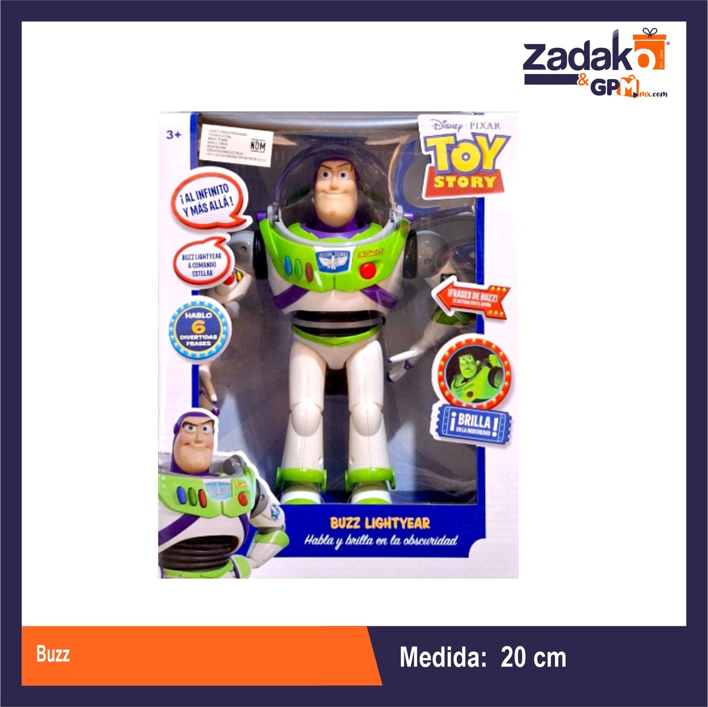 T380152 BUZZ 20 CM BRILLA EN LA OSC 6 FRASES 20.4 CON 1 PZ O CAJA CON 24 PZS