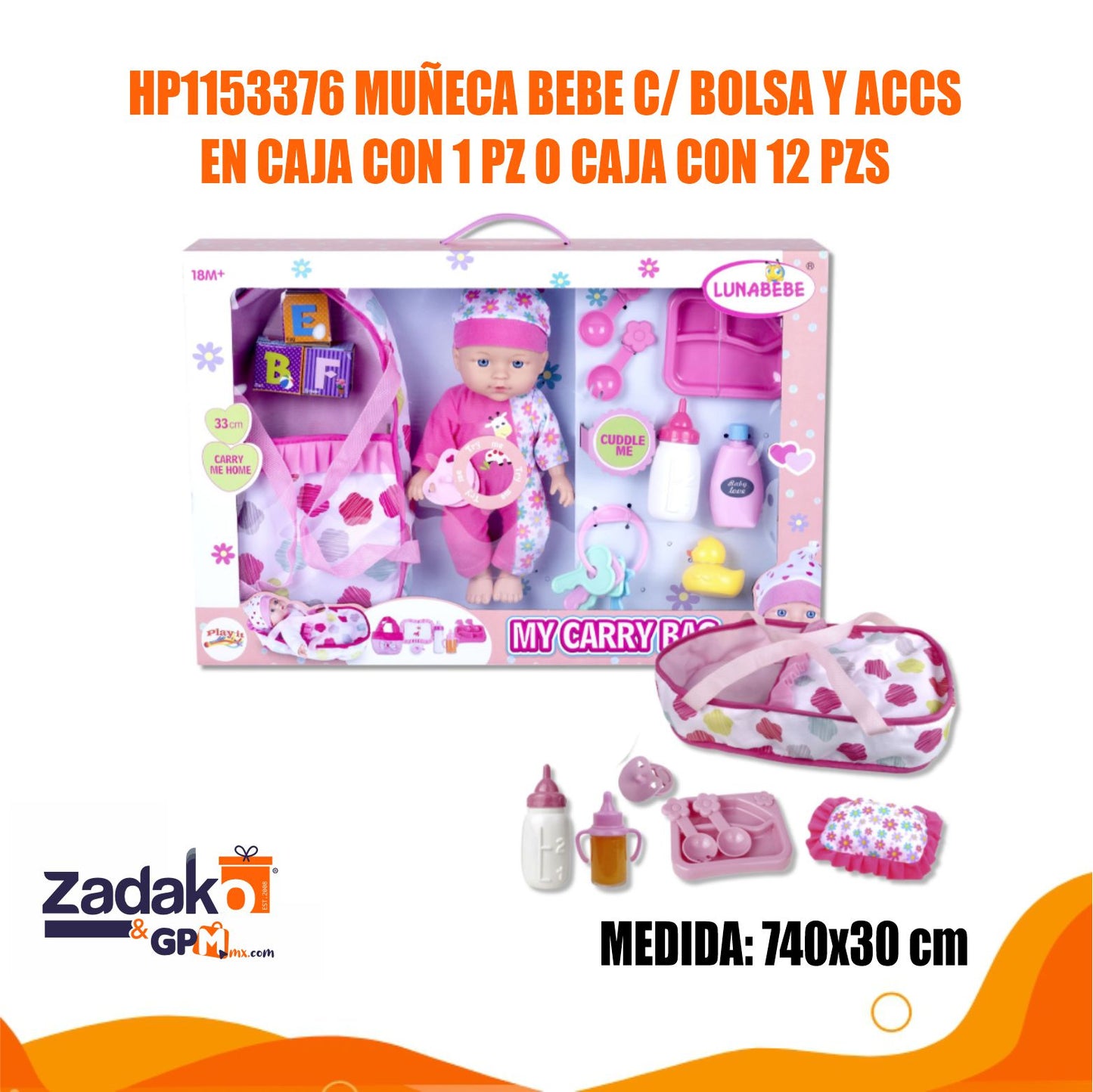 HP1153376 MUÑECA BEBE C/ BOLSA Y ACCS EN CAJA CON 1 PZ O CAJA CON 12 PZS