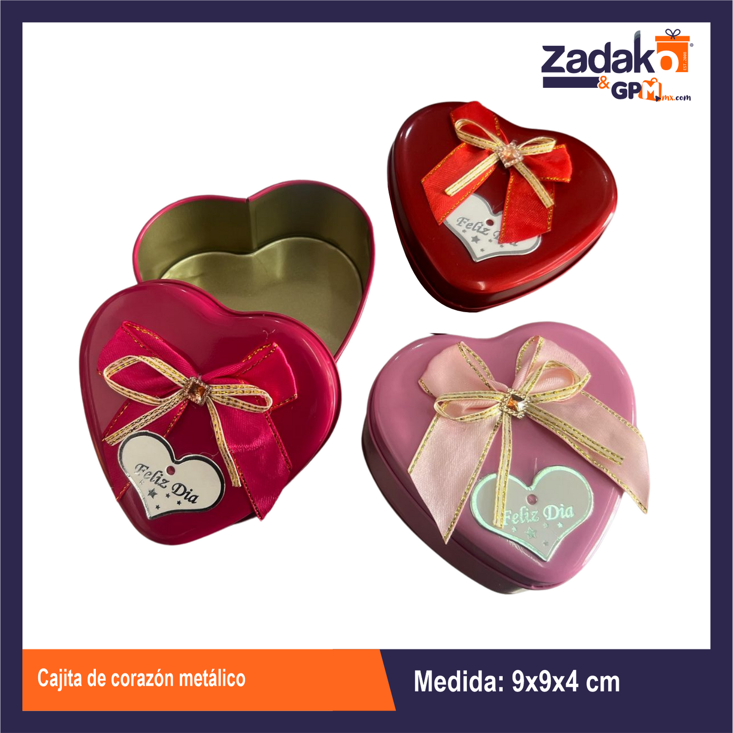 GPM-0007 CAJITA DE CORAZON METALICO 9X9X4CM CON 6 PZS O CAJA CON 50 PQTS