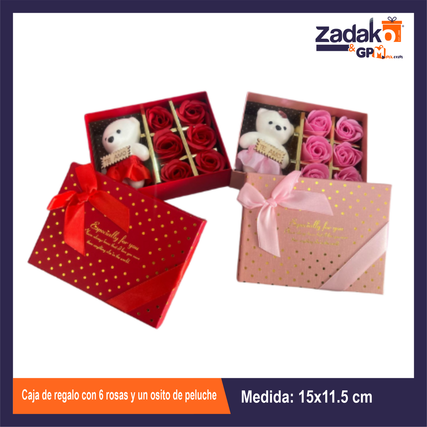 GPM-0023 CAJA DE REGALO CON 6 ROSAS Y UN OSITO DE PELUCHE CON 1 PZ O CAJA CON 160 PZS