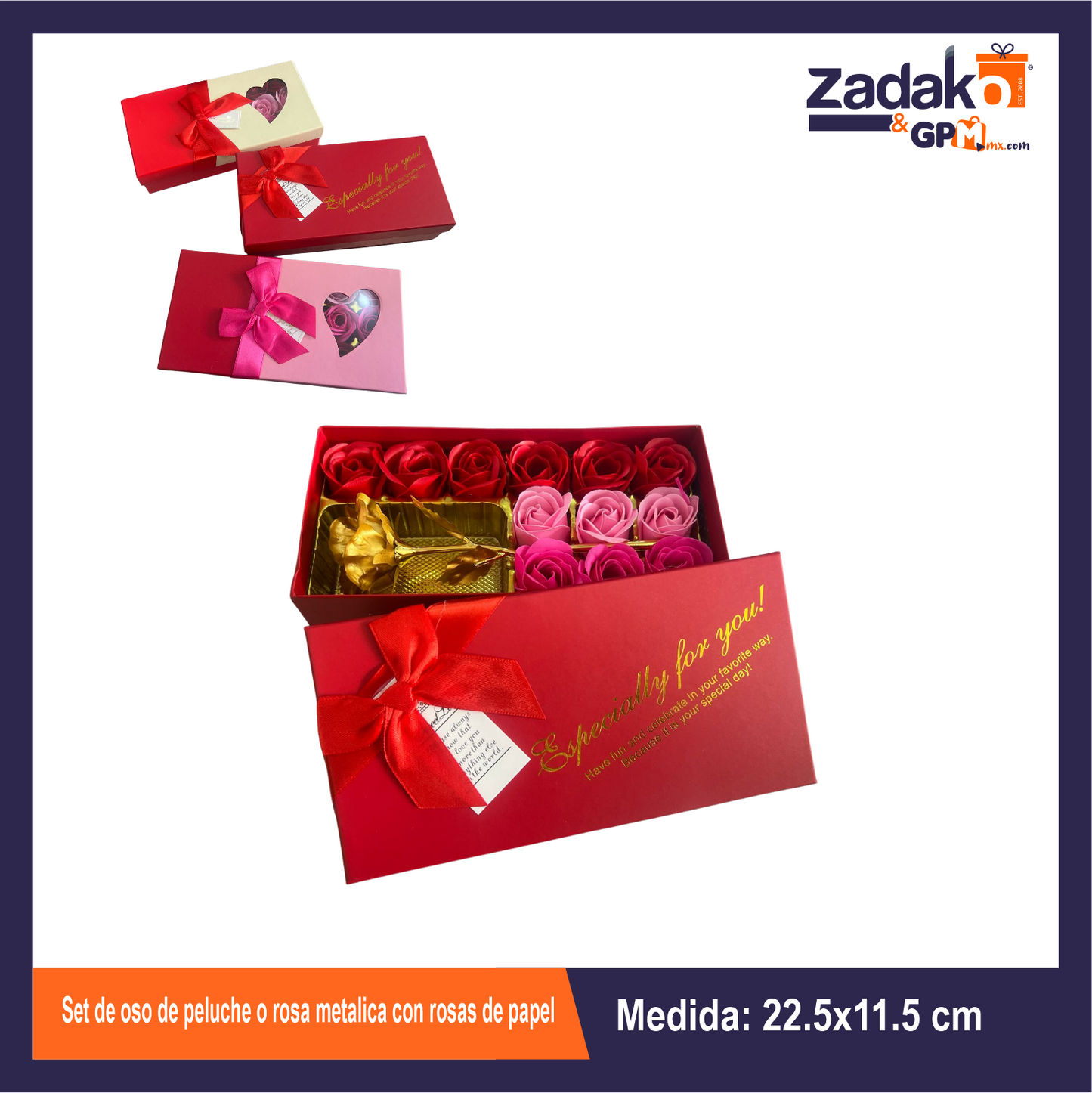 GPM-0024 SET DE OSO DE PELUCHE O ROSA METALICA CON ROSAS DE PAPEL CON 1 PZ O CAJA CON 120 PZS