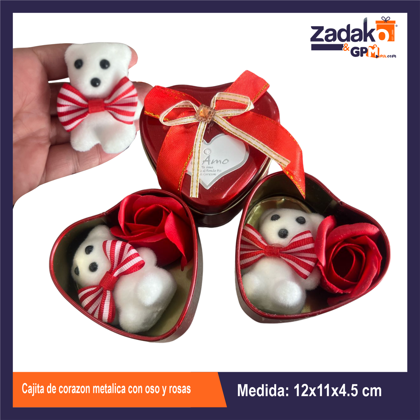 GPM-0026 CAJITA DE CORAZON METALICA CON OSO Y ROSAS 12X11X4.5 CM CON 1 PZ O CAJA CON 200 PZS
