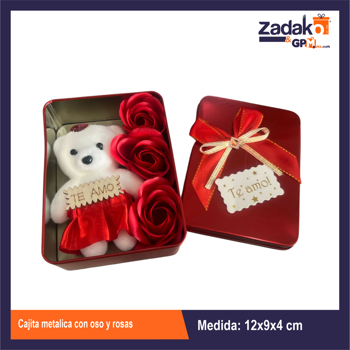 GPM-0027 CAJITA METALICA CON OSO Y ROSAS 12X9X4 CM CON 1 PZ O CAJA CON 200 PZS