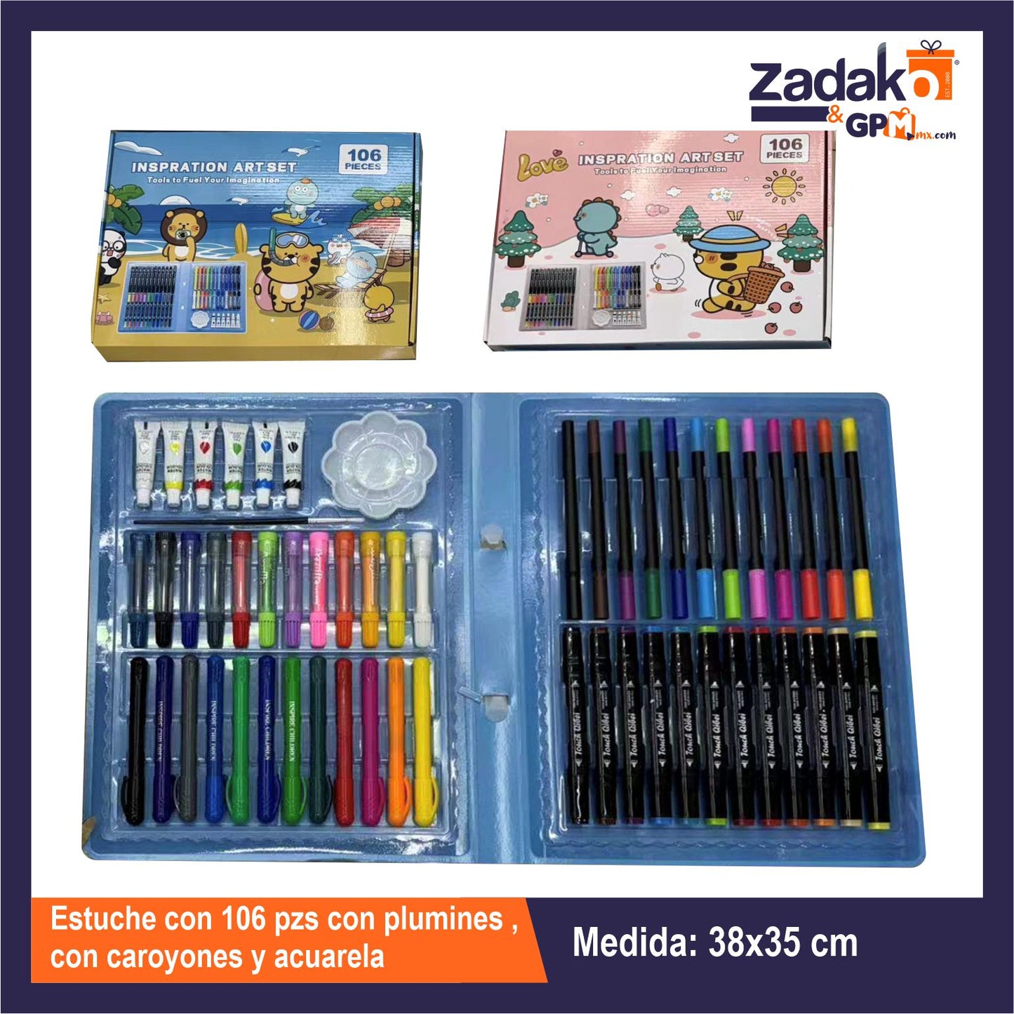 GPM-0163 HFY-12942 ESTUCHE CON 106 PZS CON PLUMINES , CON CRAYONES Y ACUARELA CON 1 PZ O CAJA CON 20 PZS