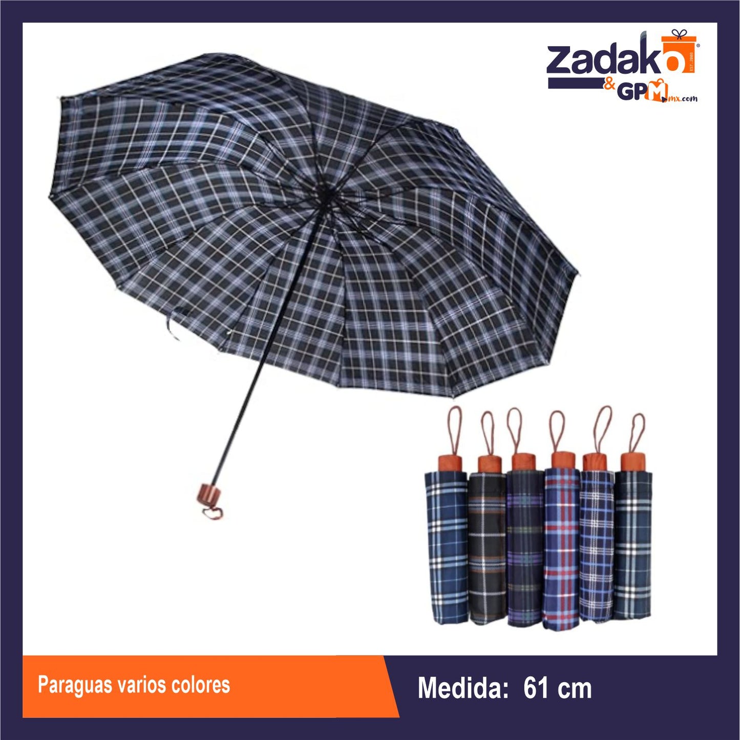 GPM-0708 PARAGUAS VARIOS COLORES CON 1 PZ O CAJA CON 70 PZS