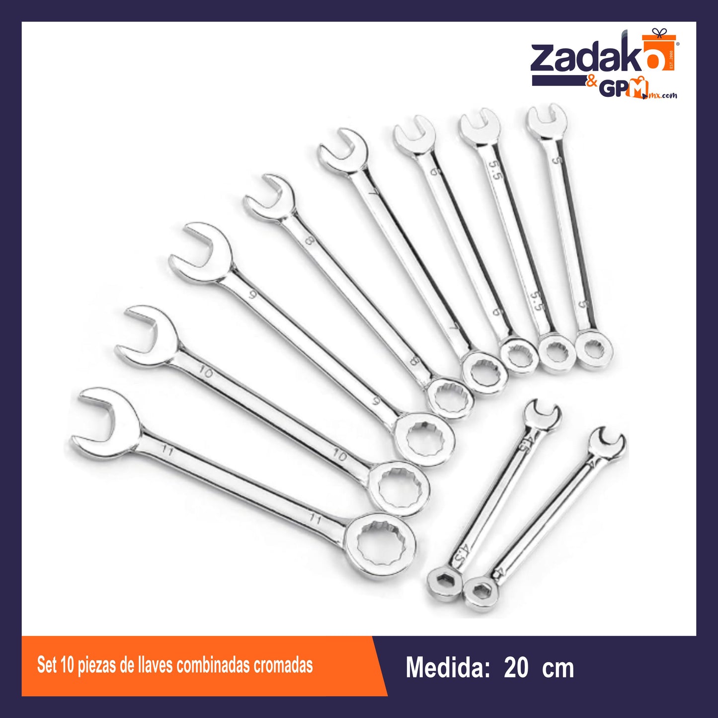 GPM10539 SET 10 PIEZAS DE LLAVES COMBINADAS CROMADAS CON 1 PZ O CAJA CON 10 PZS