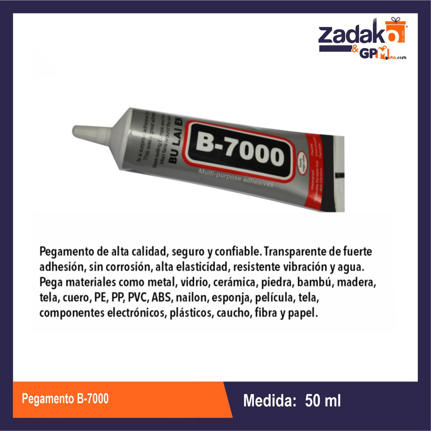 HFY-10537 PEGAMENTO B-7000 ADHESIVO DE CONTACTO TRANSPARENTE RESISTENTE A LAS VIBRACIÓN DE AGUA, 50 ML, 1 PZ O CAJA CON 360 PZS