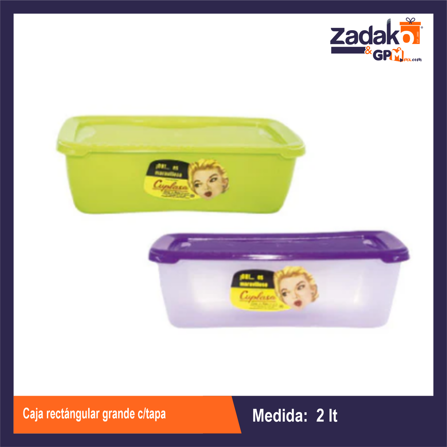 CAJA RECTÁNGULAR GRANDE C/TAPA CAP.2LT, CON 1 PZ O CAJA CON 25 PZS