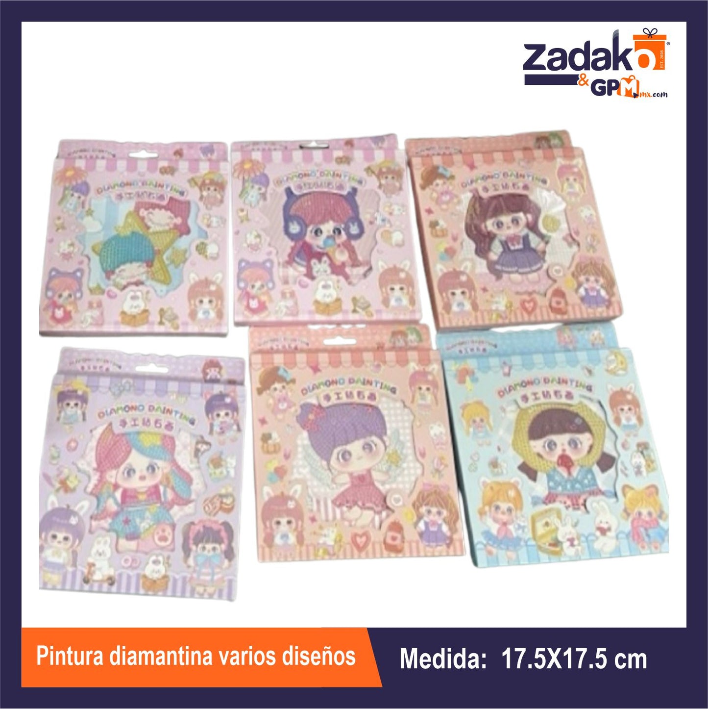 HFY-11415 PINTURA DIAMANTINA VARIOS DISEÑOS 17.5 X 17.5 CM CON 12 PZS O CAJA CON 20 PQTS