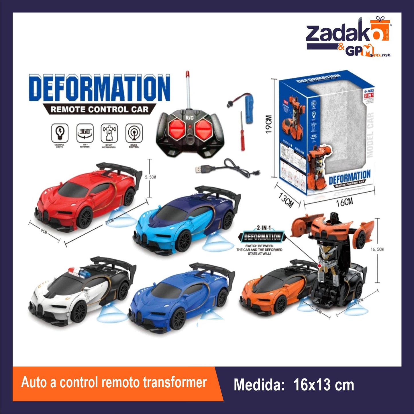 ZT-0424 AUTO A CONTROL REMOTO TRANSFORMER 19x13x16 CM CON 1 PZ, O CAJA CON 48 PZS