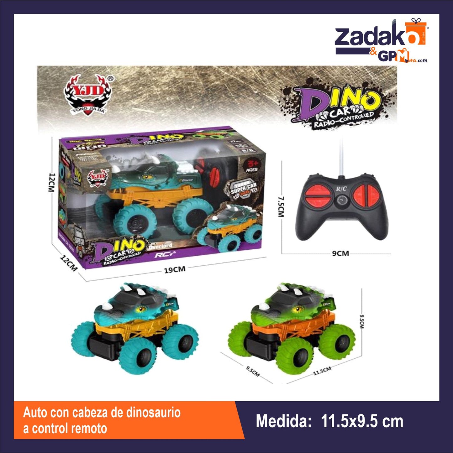 ZT-0425 AUTO CON CABEZA DE DINOSAURIO A CONTROL REMOTO 12x12x19 CM CON 1 PZ, O CAJA CON 72 PZS