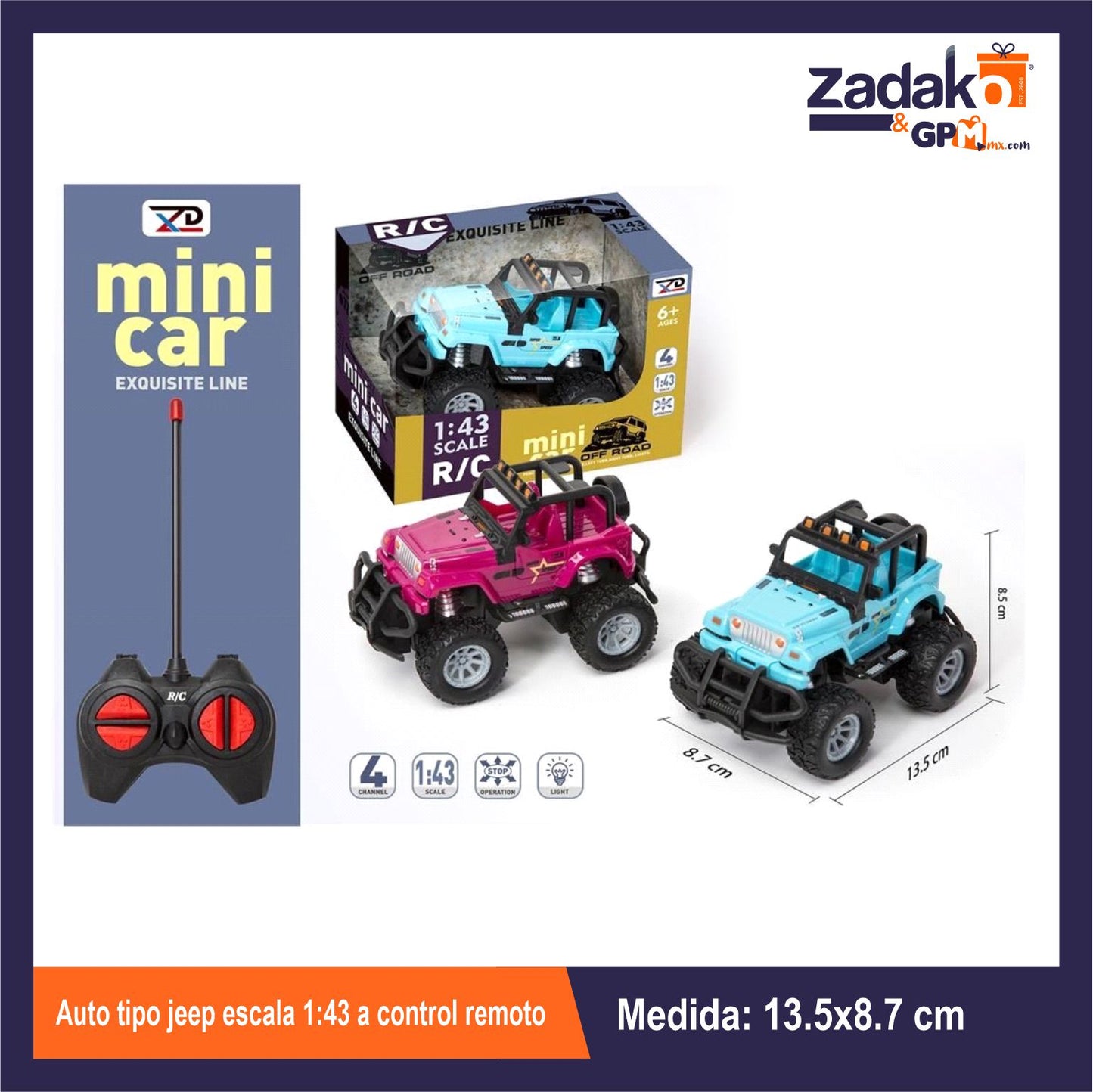 ZT-0453 AUTO TIPO JEEP ESCALA 1:43 A CONTROL REMOTO 15.7x11.5x10 CM CON 1 PZ, O CAJA CON 96 PZS