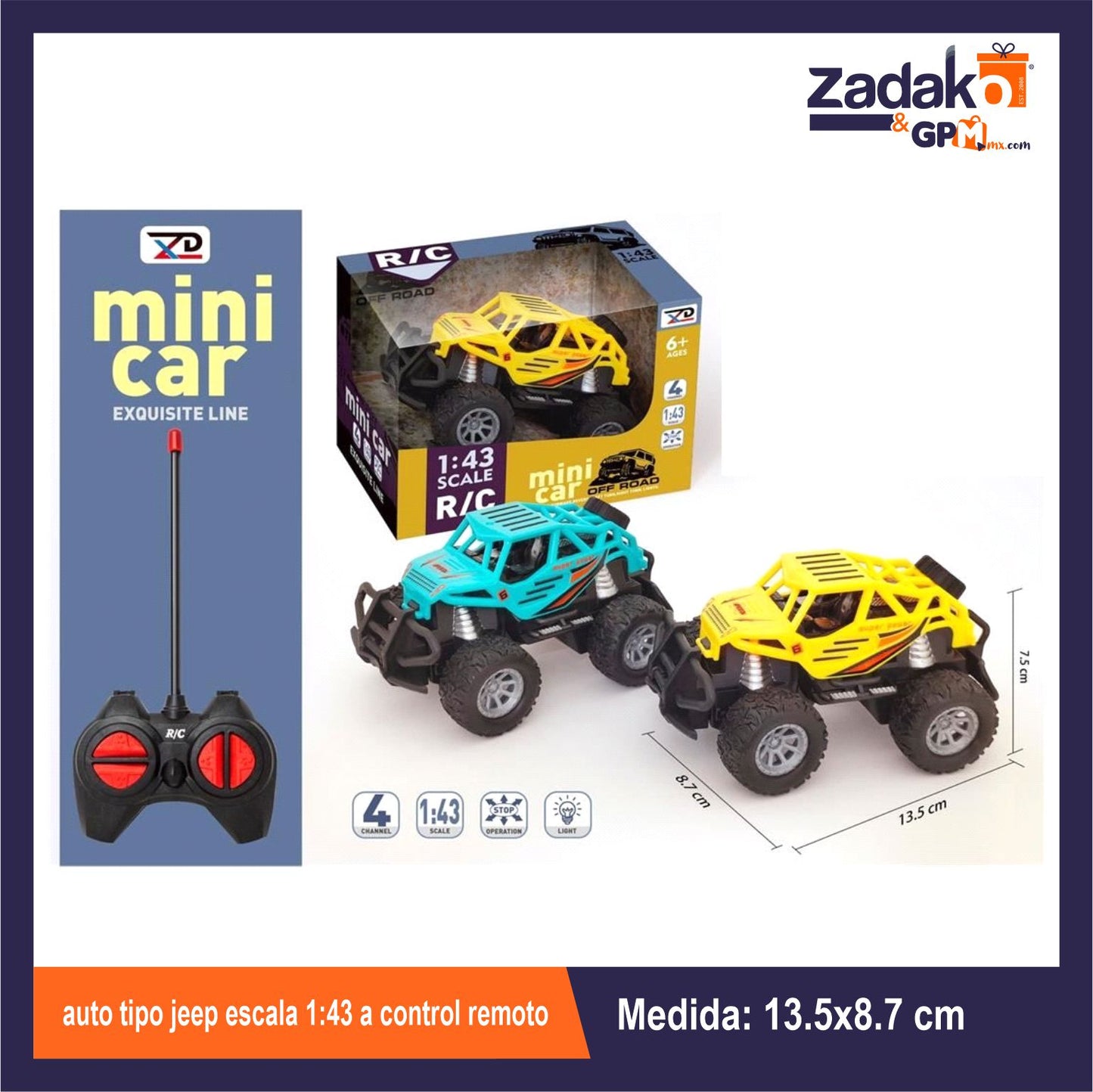 ZT-0455 AUTO TIPO JEEP ESCALA 1:43 A CONTROL REMOTO 15.7x11.5x10 CM CON 1 PZ, O CAJA CON 96 PZS