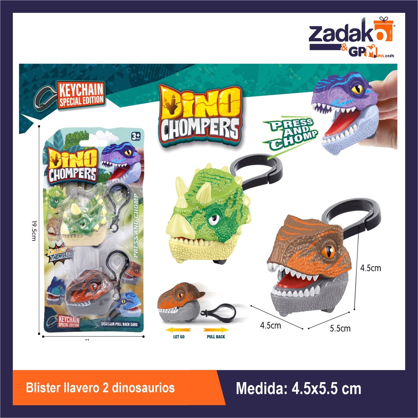 ZJ-2418 BLISTER LLAVERO 2 DINOSAURIOS CON 1 PZ O CAJA CON 288 PZS