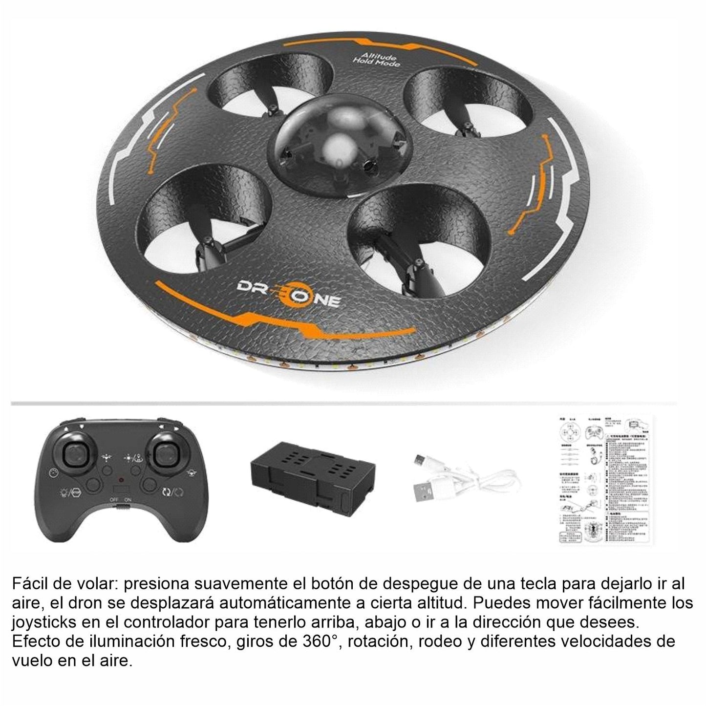 ZT-0477 DRONE CON CONTROL REMOTO Y CABLE USB DE 2.4 GHZ CON LUCES, AUTO FLOTANTE, GIRO 360 GRADOS 6.7x6.7 PULGADAS 1 PZ, O CAJA CON 36 PZS
