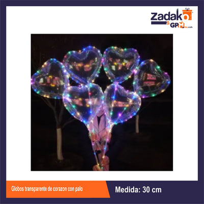ZFI-0151 GLOBOS TRANSPARENTE DE CORAZON CON PALO CON 50 PZS, O CAJA CON 10 PQTS