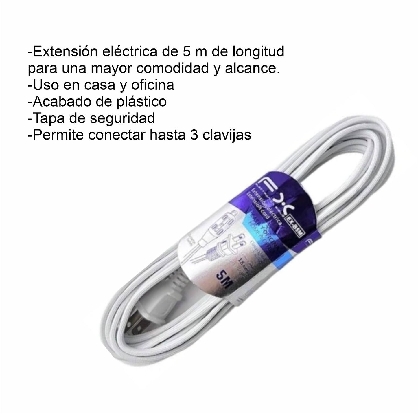 GPM-8641 EXTENSION ELECTRICA BLANCA 5 MTS ,TAPA DE SEGURIDAD,PERMITE CONECTAR HASTA 3 CLAVIJAS ATERRIZADAS CON 1 PZ O CAJA CON 100 PZS