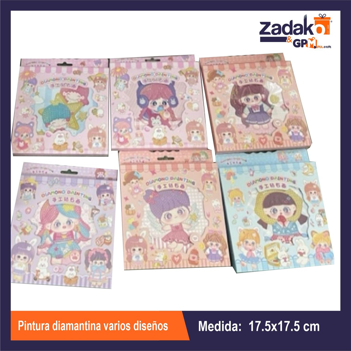 HFY-11415 PINTURA DIAMANTINA VARIOS DISEÑOS 17.5 X 17.5 CM CON 1 PZ O CAJA CON 240 PZS