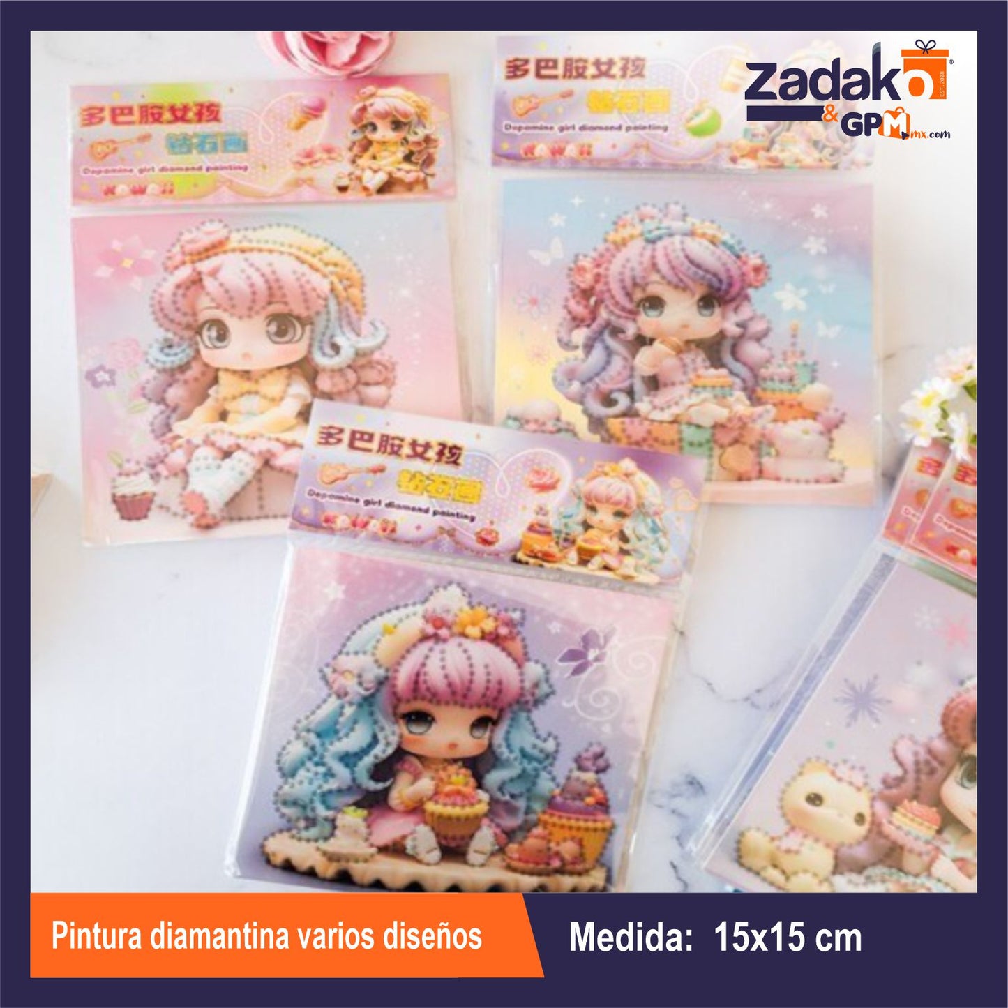 HFY-11417 PINTURA DIAMANTINA VARIOS DISEÑOS 15 X 15 CM CON 1 PZ O CAJA CON 1152 PZS