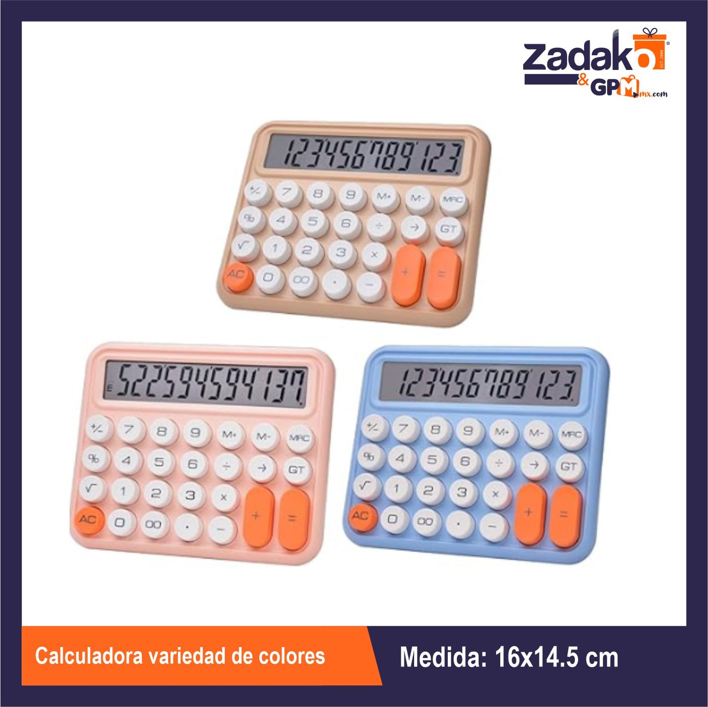 HFY-10867 CALCULADORA VARIEDAD DE COLORES 14*16.5CM CON 1 PZ O CAJA CON 60 PZS