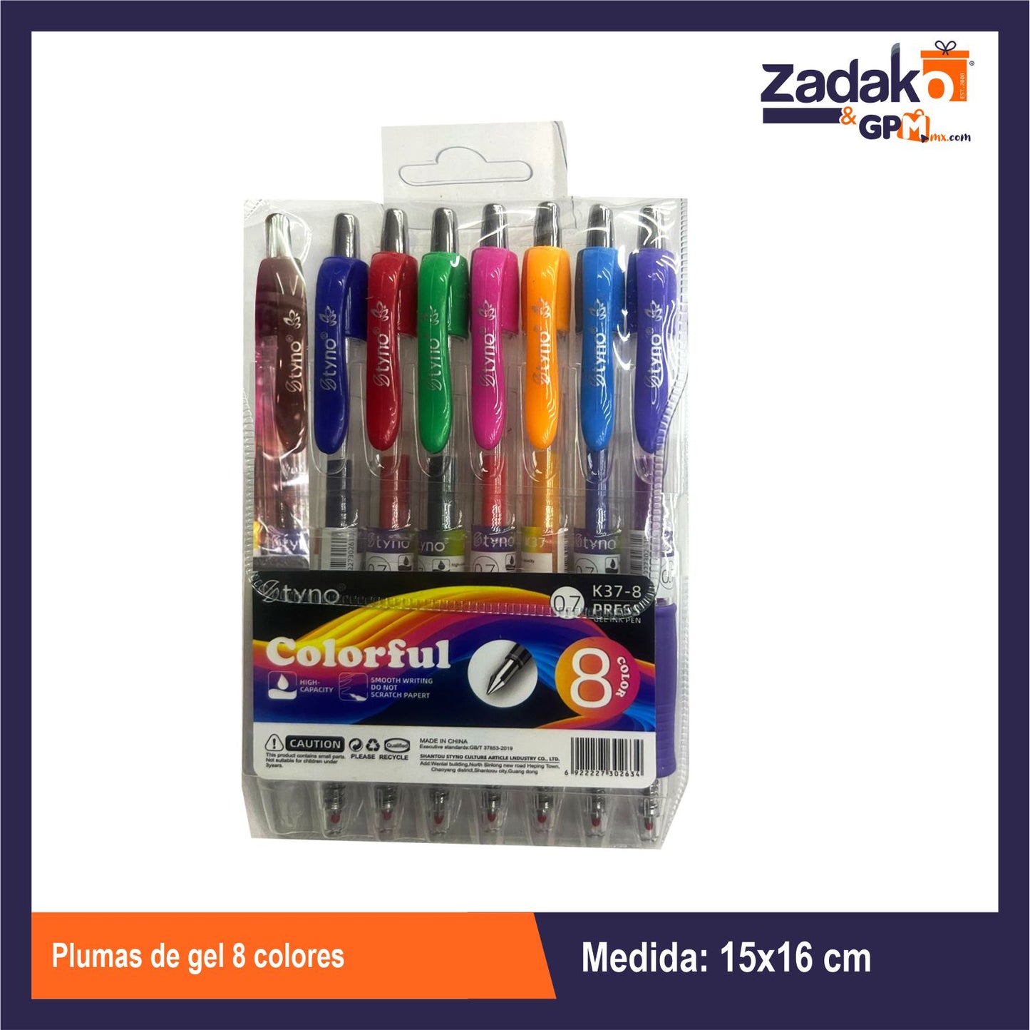 HFY-12572 PLUMAS DE GEL 8 COLORES CON 1 PQT O CAJA CON 216 PQTS