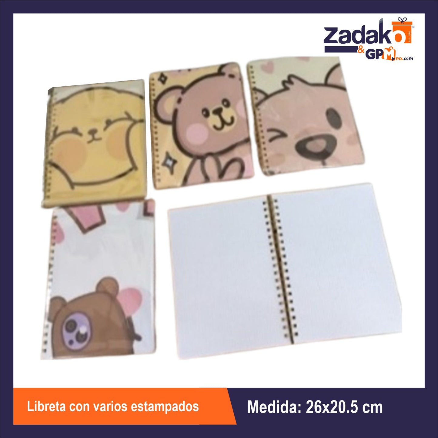 HFY-13147 LIBRETA CON VARIOS ESTAMPADOS 26x20.5 CM CON 1 PZ O CAJA CON 68 PZS