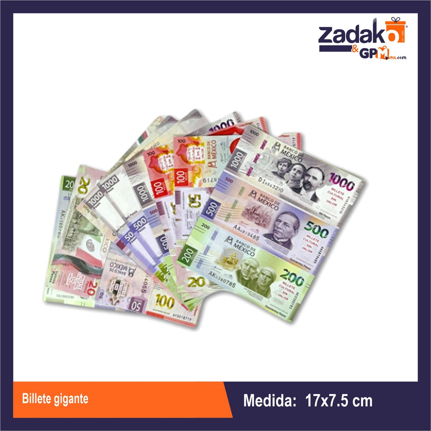 BILLETE GIGANTE PAQUETE CON 20 PZ O CAJA CON 150 PQTS