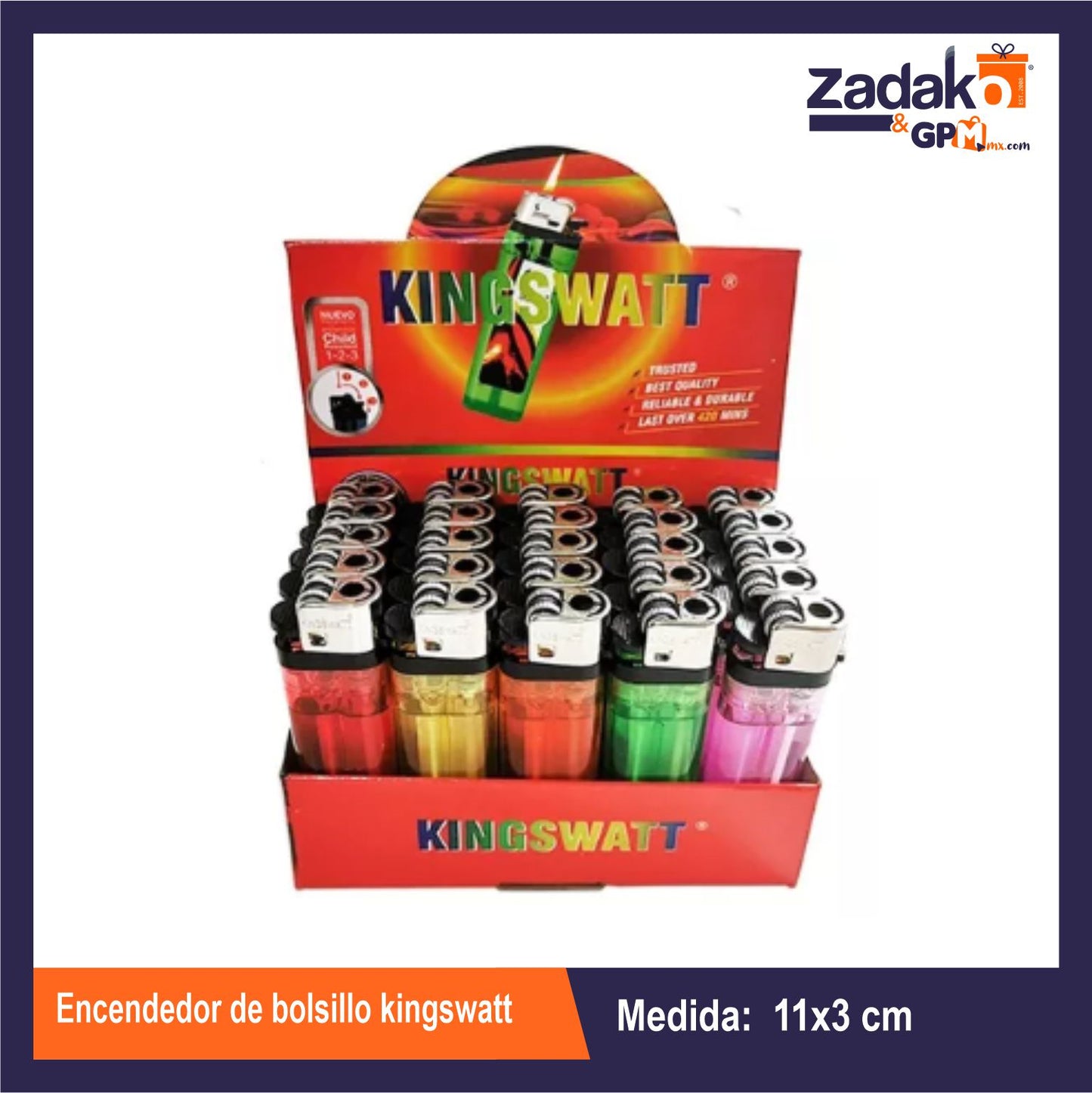 ENCENDEDOR DE BOLSILLO KINGSWATT CON 50 PZS O CAJA CON 20 PQTS