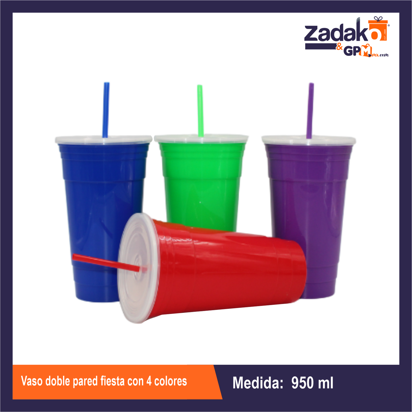 ACPT1011 VASO DOBLE PARED FIESTA CON 4 COLORES CON 1 PZ O CAJA CON 8 PZS
