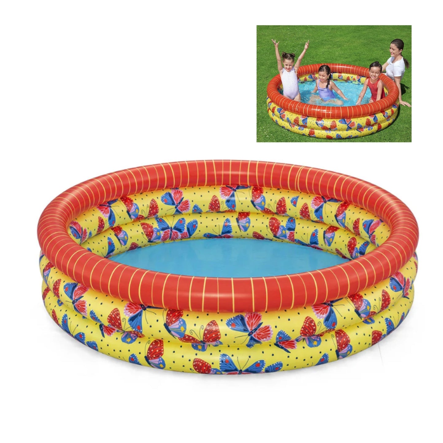 51202 ALBERCA INFLABLE REDONDA 1.68x0.38 M DE MARIPOSAS 3 ANILLOS CON 1 PZ O CAJA CON 6 PZS
