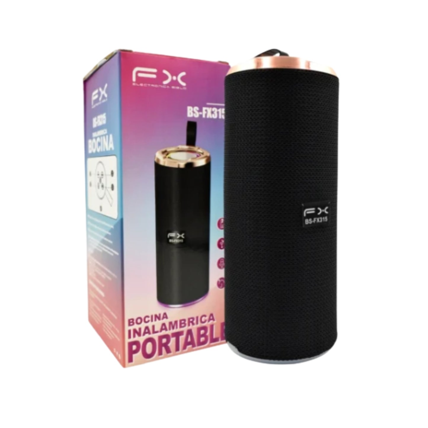 BS-FX315 BOCINA INALAMBRICA CILINDRICA 7x17 CM CON LUZ RGB, ENTRADA, RADIO Y LAMPARA, CON 1 PZ O CAJA CON 50PZ